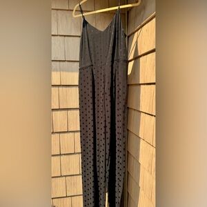 Anthropologie Black Polka Dot Tone-on-Tone Silky Spaghetti Strap Jumpsuit size 6